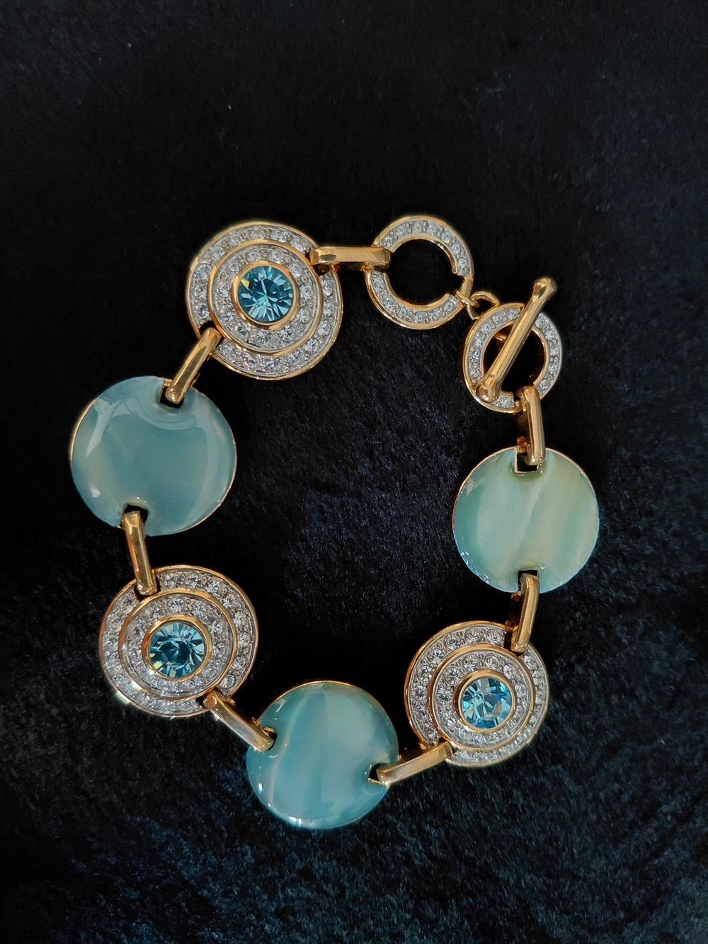 Gold-Tone Bracelet with Aqua Disc Charms and Crystal Halo Links